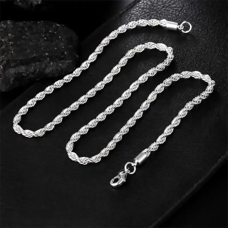 4mm Diamond Cut Solid 925 Sterling Silver Italian Rope Chain Men’s Necklace USA