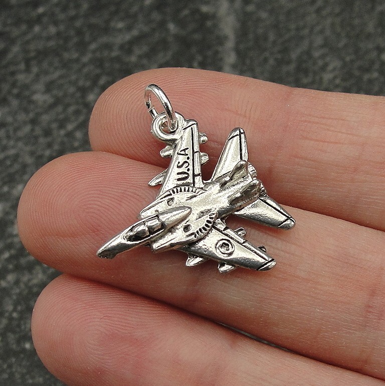 Silver USA Fighter Jet Charm – Bomber Plane Charm – Military Aircraft Charm