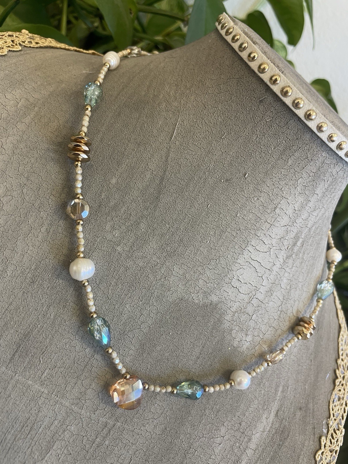 Multicolor Crystal & Pearl Beaded Necklace w/ Czech Glass Picasso Seed Beads