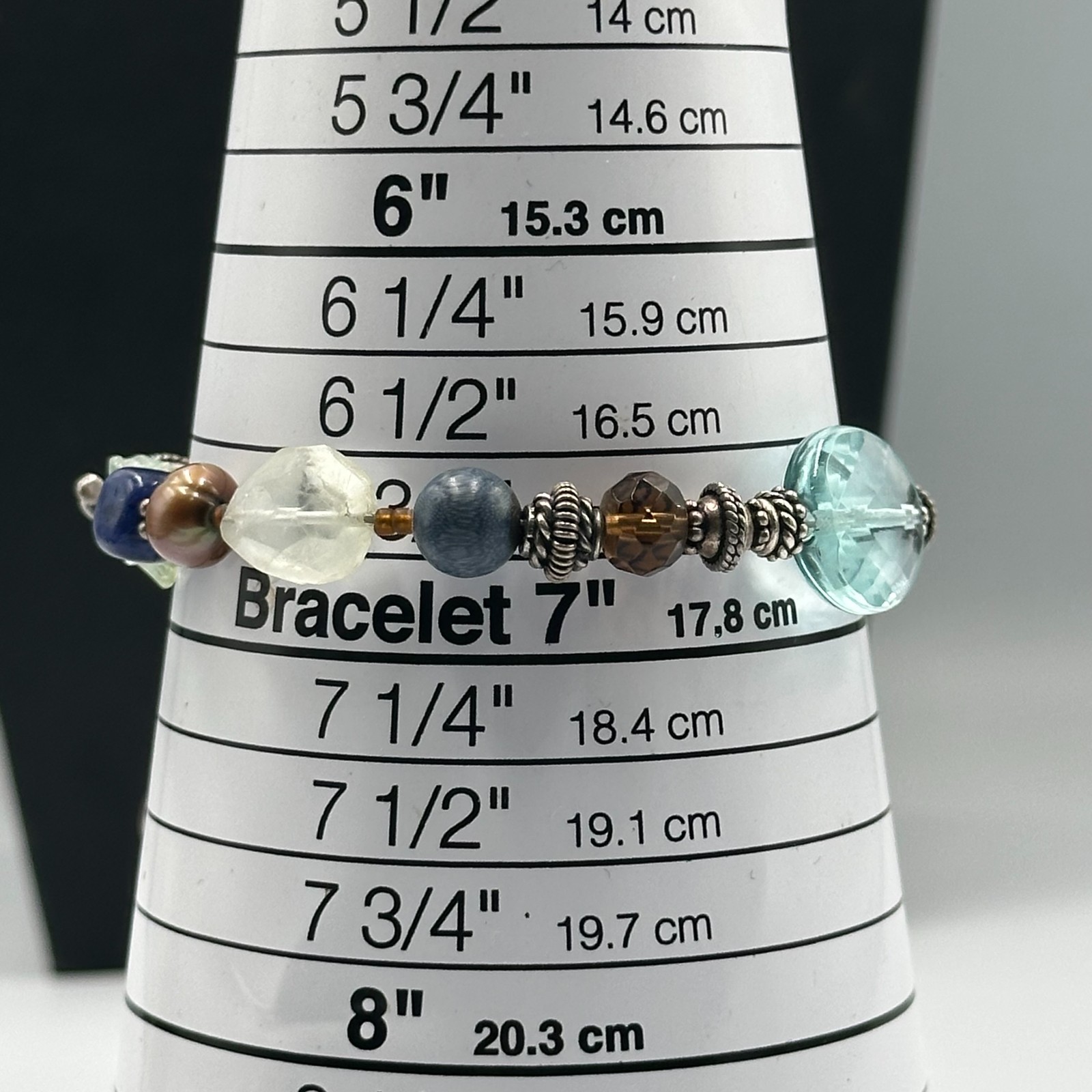 Artisan Beaded Bracelet Blue Brown Glass Beads Sterling Silver Toggle 7″