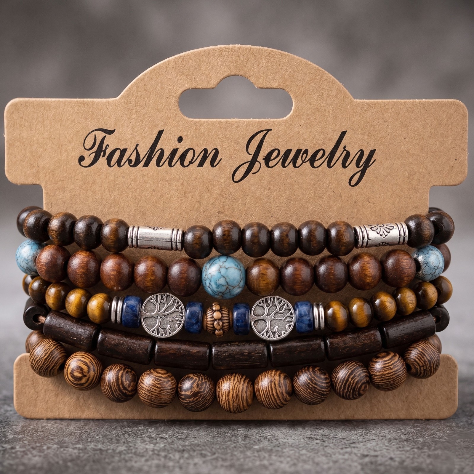 5Pc Tree Boho Wood Bead Bracelet Set Turquoise Stretch Stack Unisex Men Women 7″
