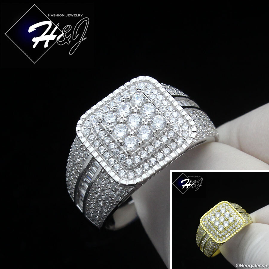 925 STERLING SILVER ICY BLING CZ GOLD PLATED/SILVER HIP HOP 3D SQUARE RING*SR199