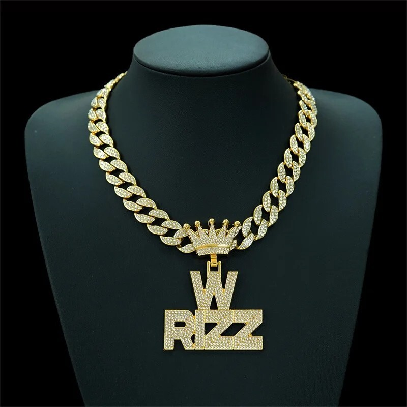 Iced W Rizz Crown Pendant Necklace CZ Bling Hip Hop Miami Cuban Link Chain Mens