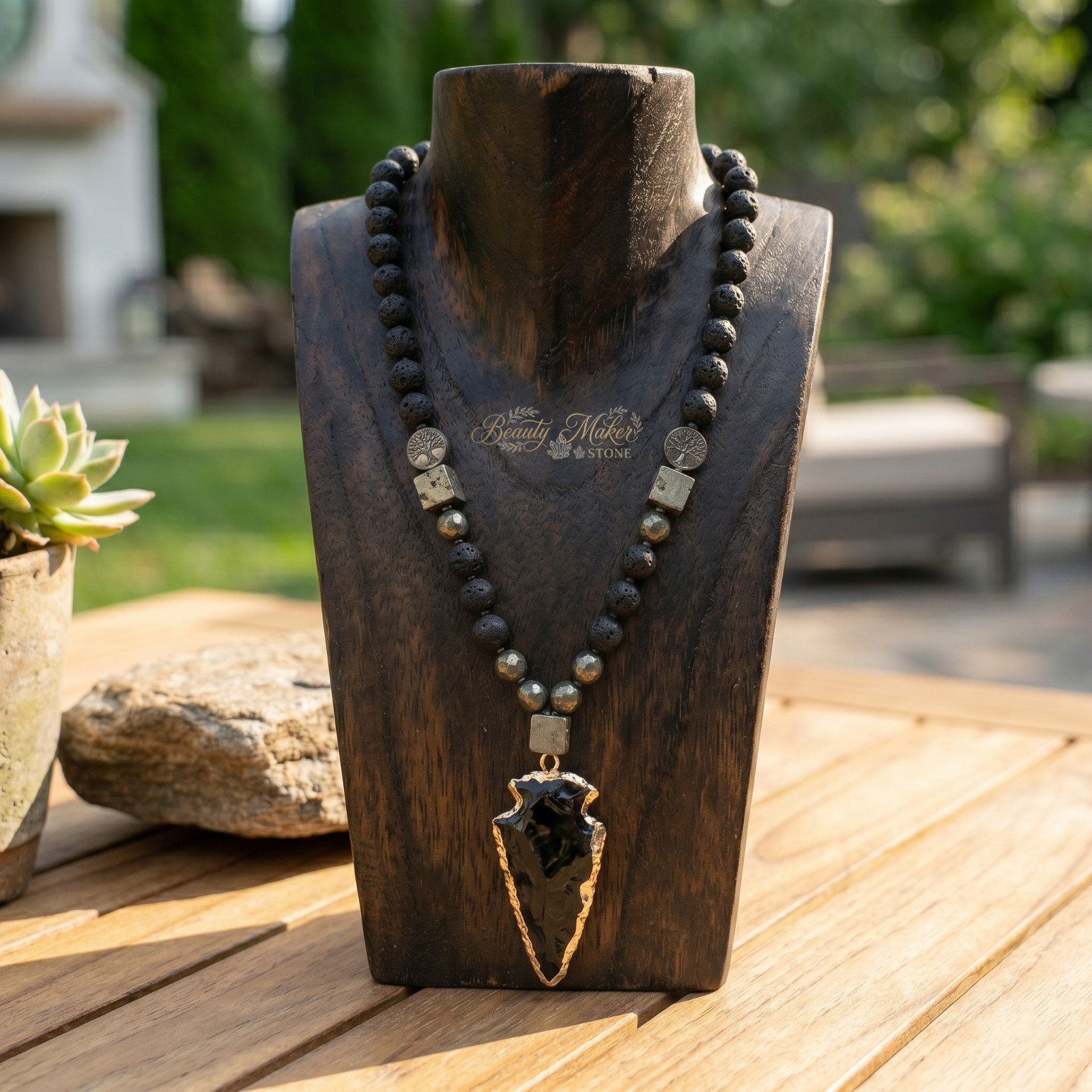 Black Obsidian Arrowhead Necklace Men Lava Pyrite Bead Protection Talisman 36″