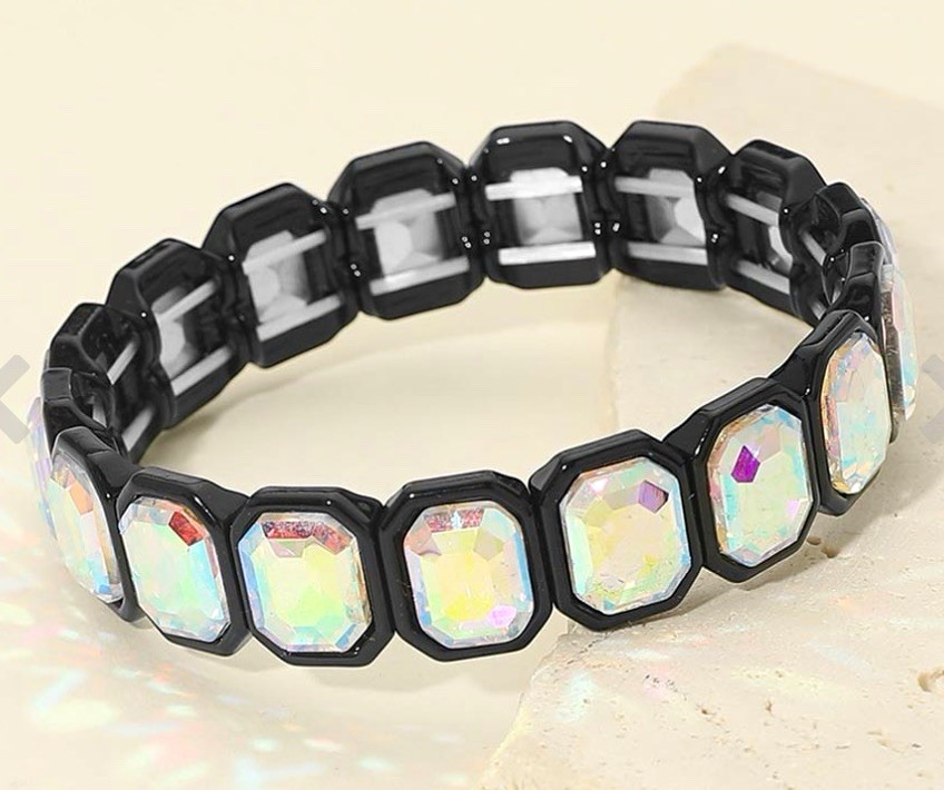 Stretch Tennis Link Bracelet Slip-On Clear Octagon Crystal Gold/Silver/Black