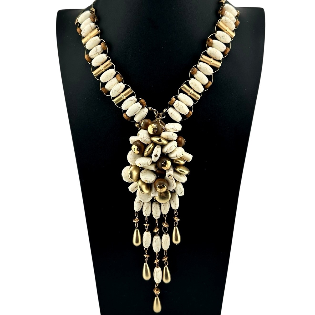 Boho Hippie Howlite Wood Bead Chacha Y-Drop Gold Tone 23″ Statement Necklace