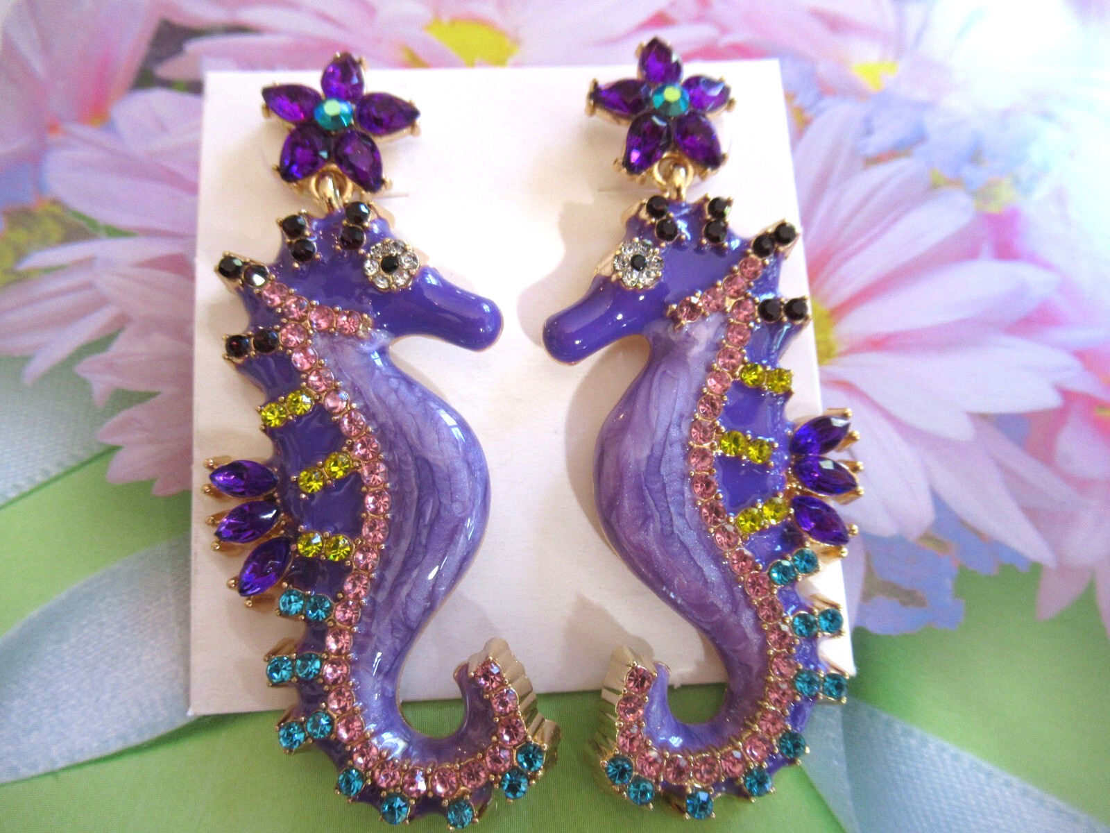 BLUE PINK PURPLE ORANGE Enamel Crystals Dangling SEAHORSE Pierced EARRINGS NEW