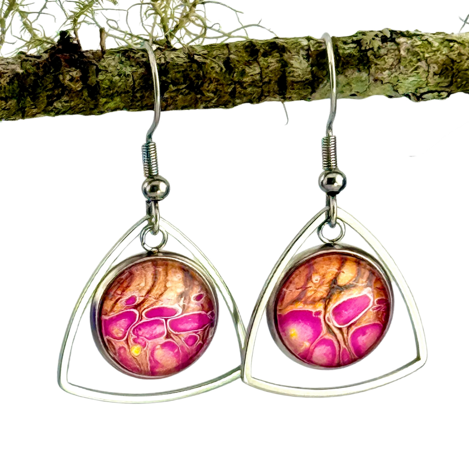 Dangle Earrings Handmade “Pink Bubbles Triangle” Sterling Silver French Earwires