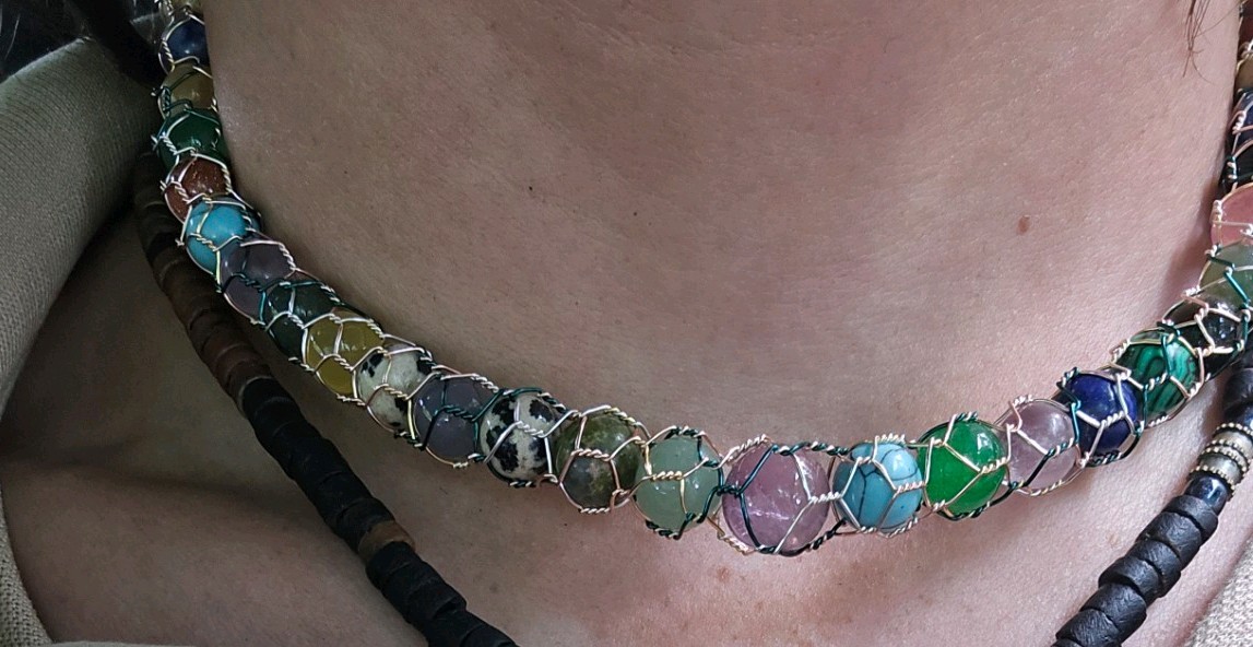 Multicolor Crystal Gemstone Wire-Wrapped Statement Necklace Chain Hand Made