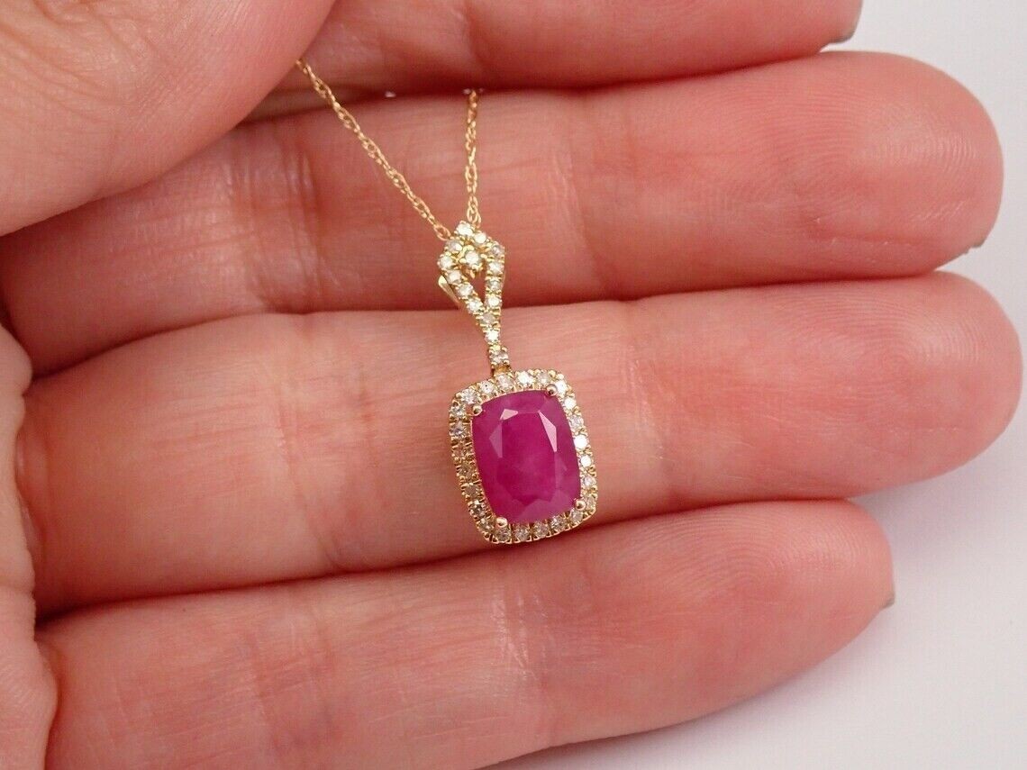 Cushion Simulated Pink Ruby Halo Women’s Pendant Chain In 14k Yellow Gold Plated