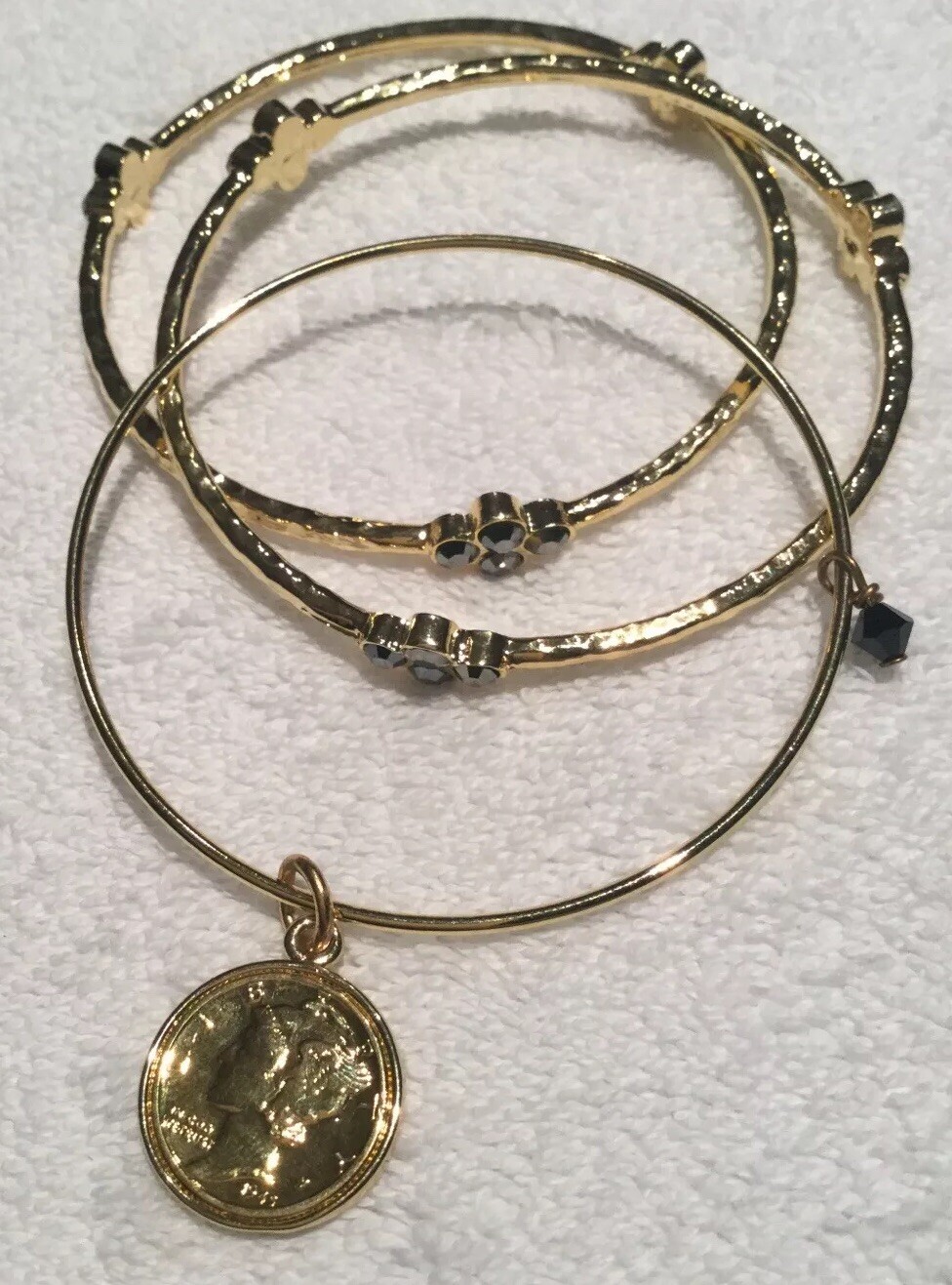 American Coin Treasures Gold Layer Mercury Dime Bangle bracelet Black Crystals