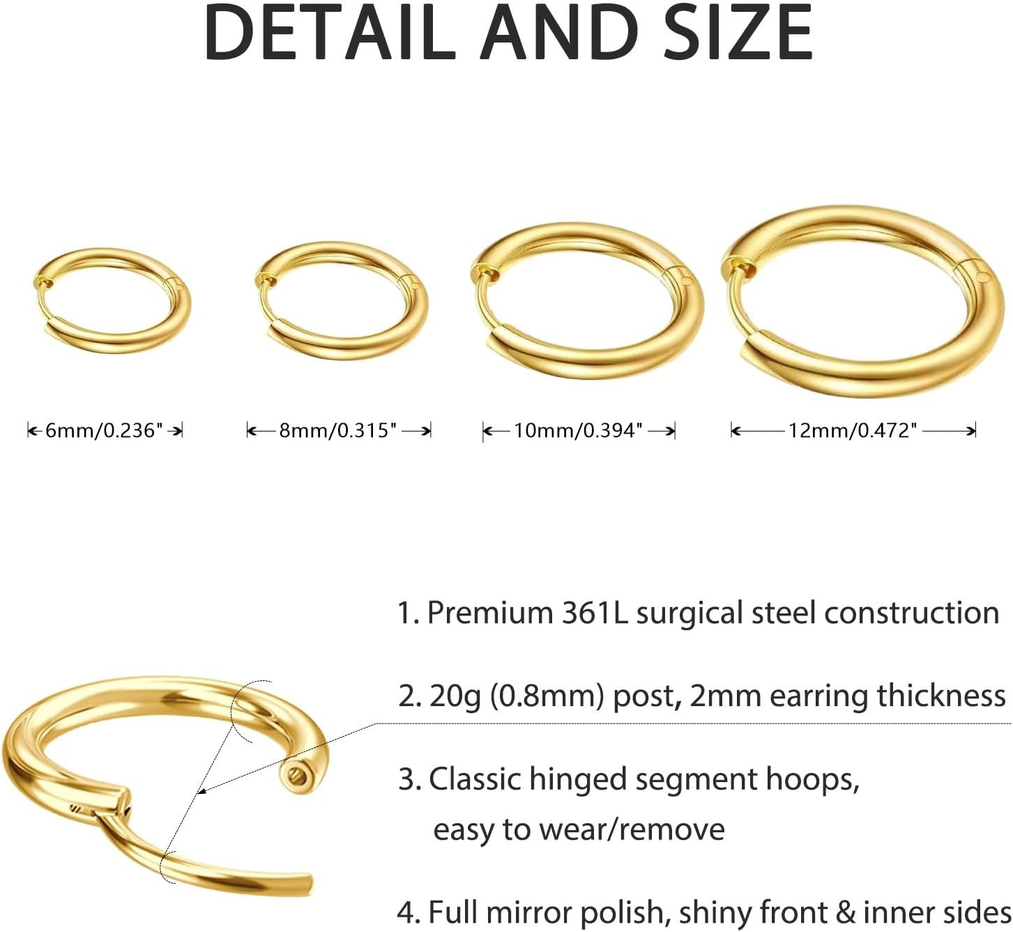 4 Pairs 316L Surgical Small Gold Silver Huggie Hoop Earrings for Women Men, 14K