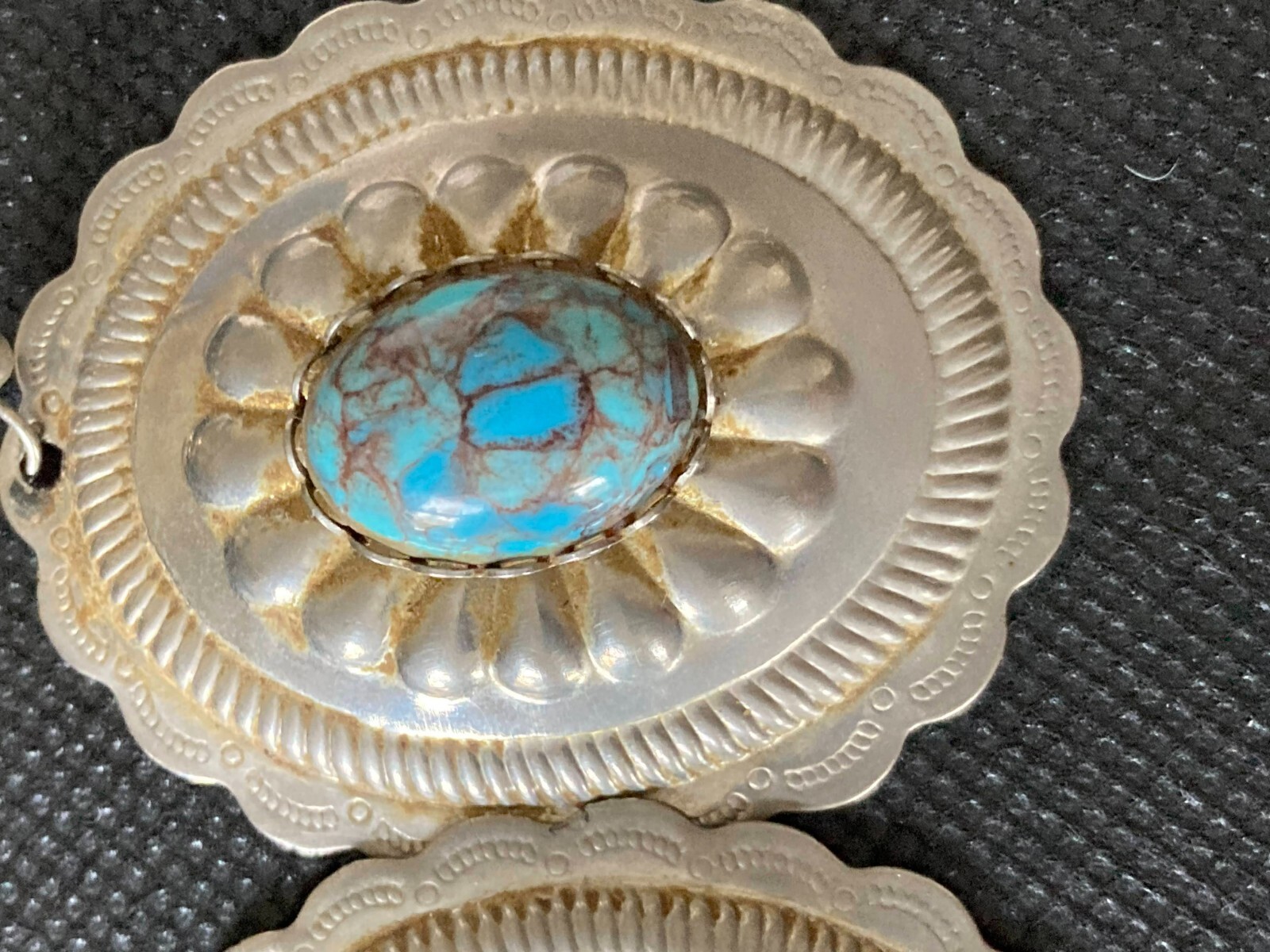Earrings Native Inspired Stamped Tin and Turquoise Glass Cabochons 2″ Hooks