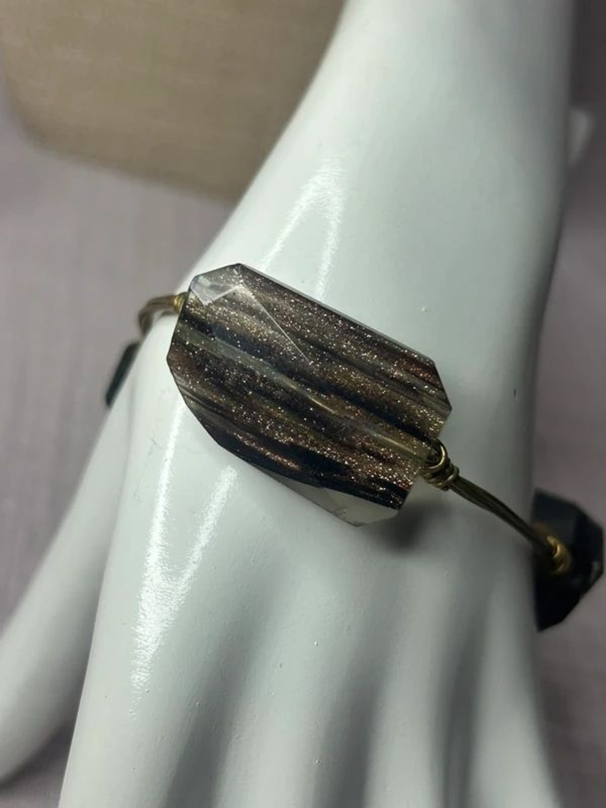 Artisan Wire Wrapped Bangle Bracelet Goldstone Style Faceted Beads