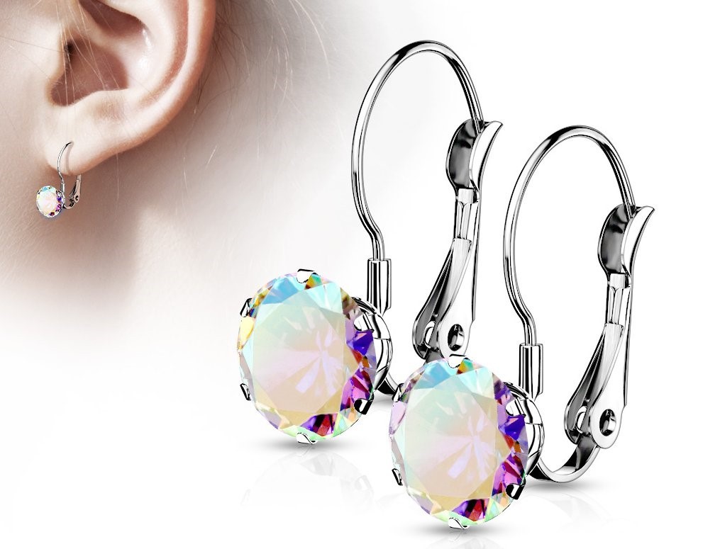 Aurora Borealis Lever Back Earrings Hypoallergenic Surgical Steel 6 mm