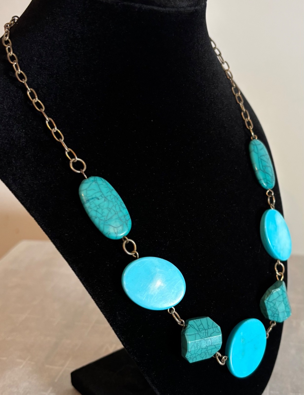 Faux Turquoise Necklace Various Shapped Blue/Green Beads 21”