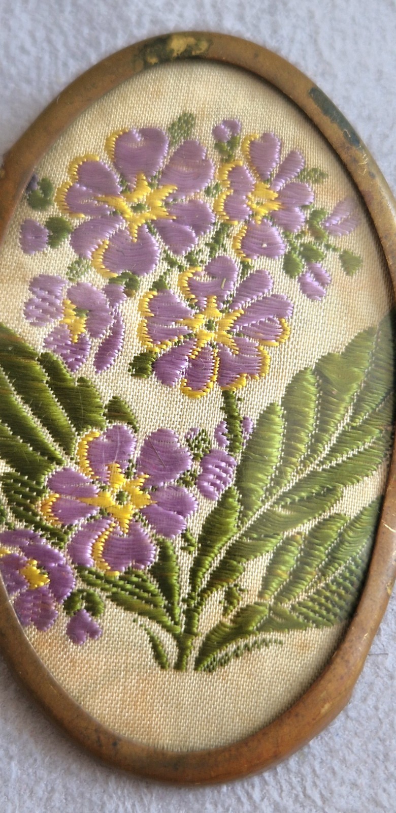 Oval Floral Embroidered Fabric Brooch Pin Gold Tone Purple/Green 7cm