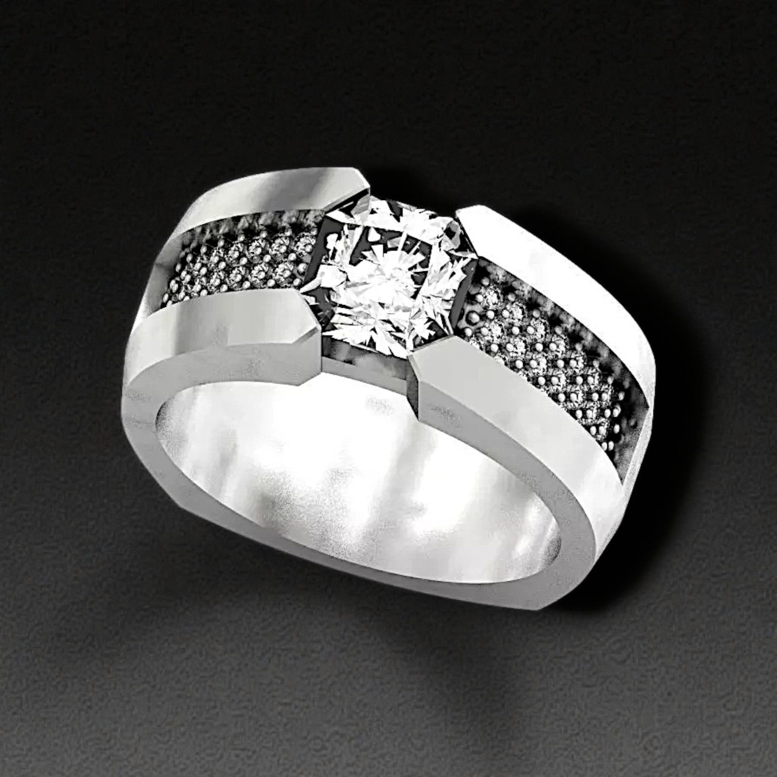 Men’s Sterling Silver Diamond-Look Ring – Wide Band Statement Jewelry