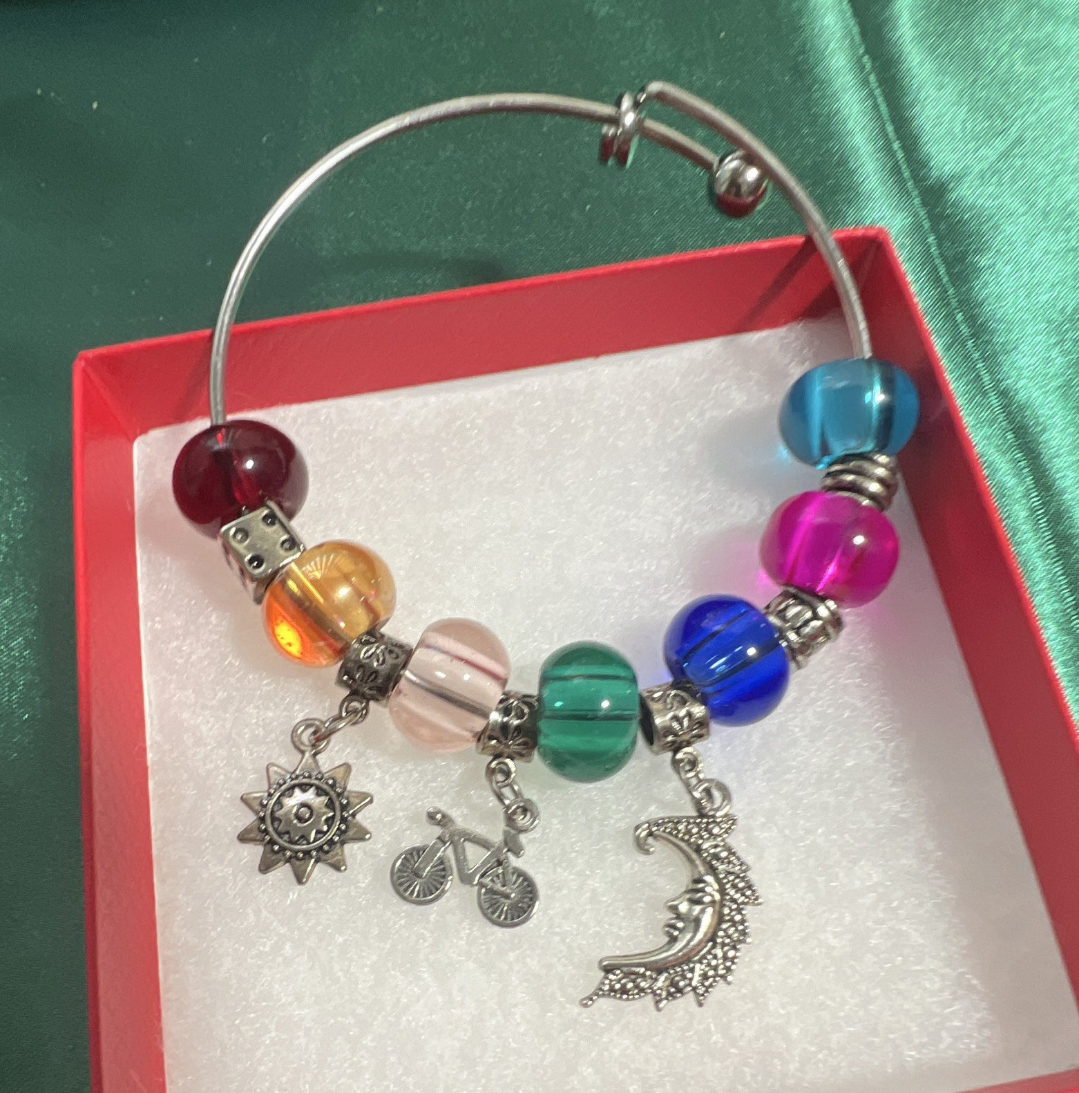 Bracelet 8 inch multicolored chrome crystal glass sterling Sun, bike, moon. ￼