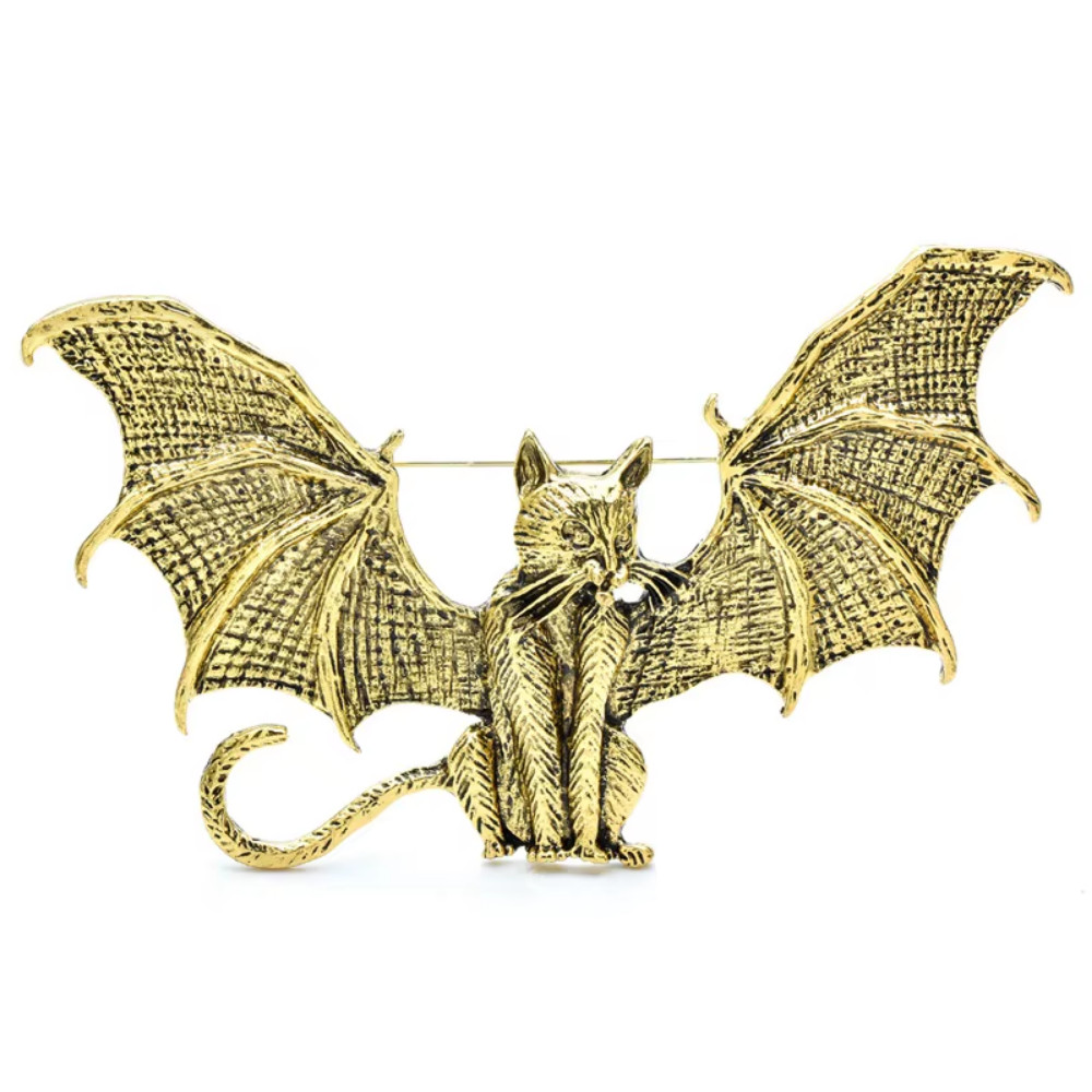 Halloween Gold Bat Winged Cat Brooch Pin Gothic Jewelry Costume Accessory Gift
