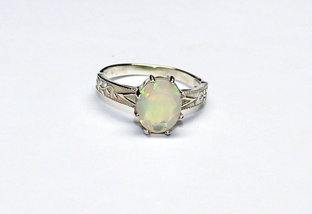 Faceted Fire Opal Sterling Silver Ring, Natural Gemstone Unique Engagement Ring