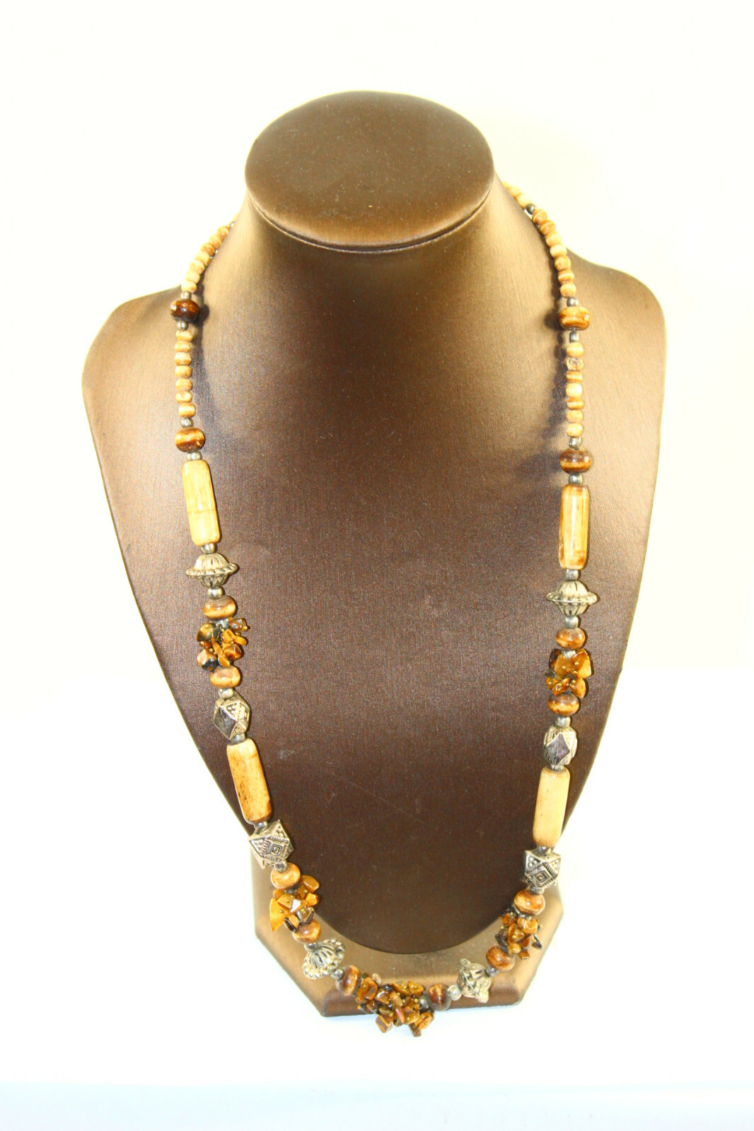 Necklace Plastic Bead Stone Brown White Silver Gold 25″