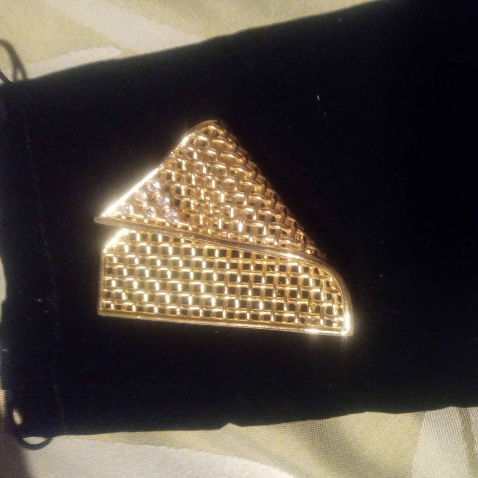 Chr. Dior Germany Brooch Pin Gold Tone Woven Design Basket Weave Clear Crystals