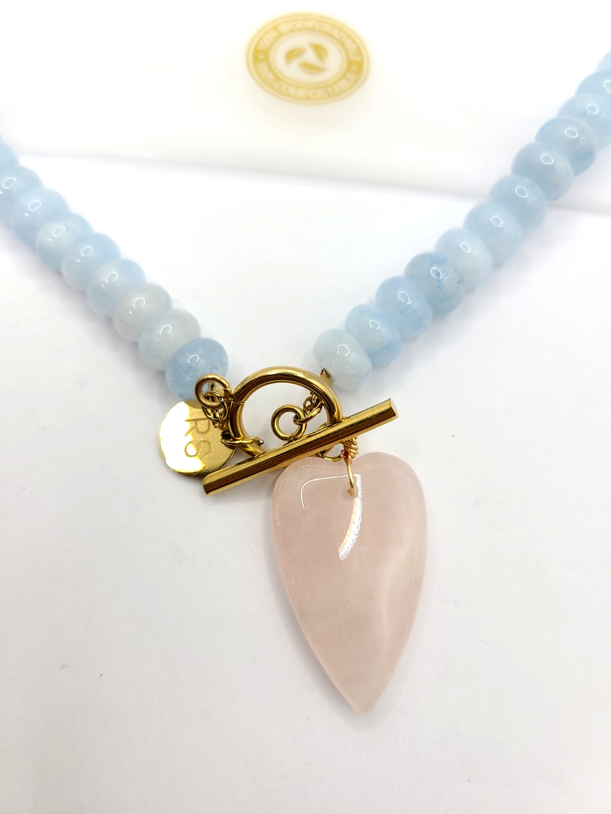 Raising Surfers Light Blue Beaded Toggle Necklace w/ Pink Heart Rose Quartz 19″