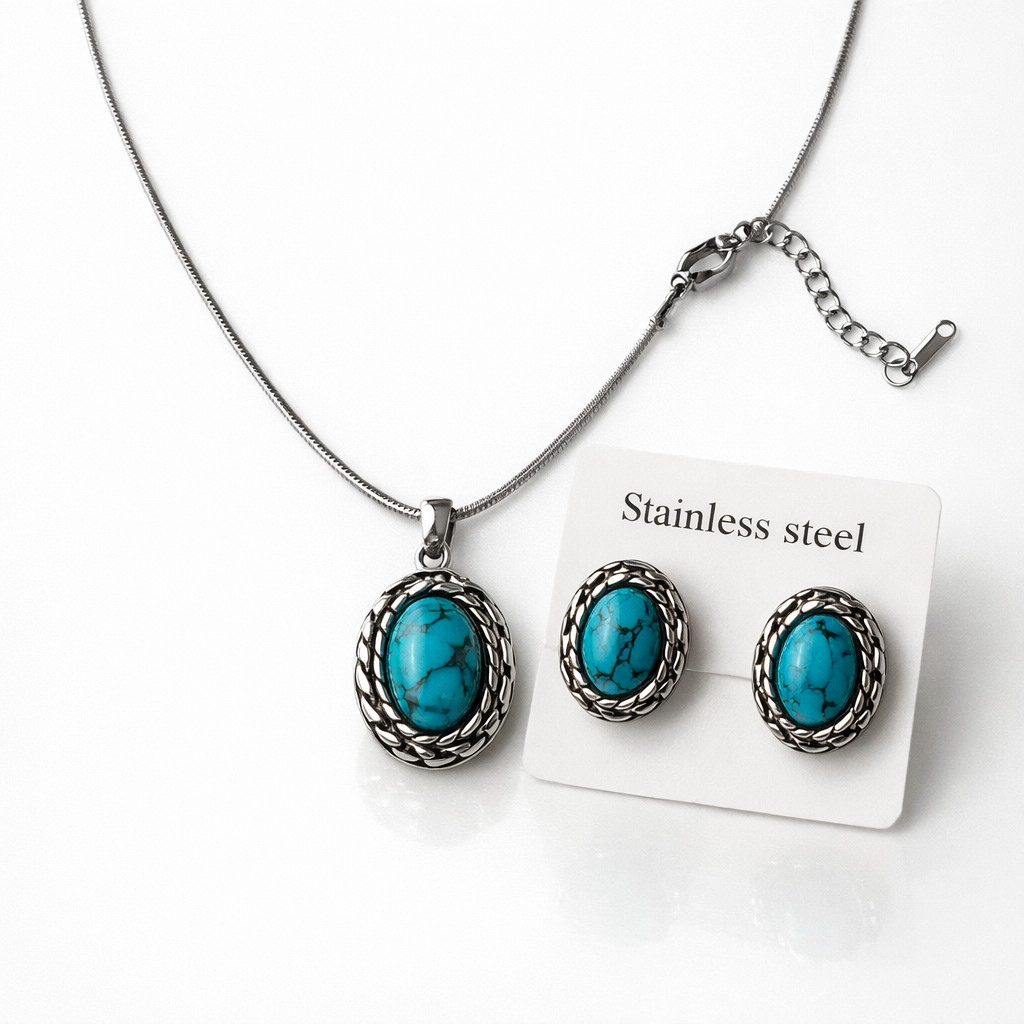 Stainless Steel Turquoise Oval Necklace & Earring Set – Non‑Tarnish Jewelry