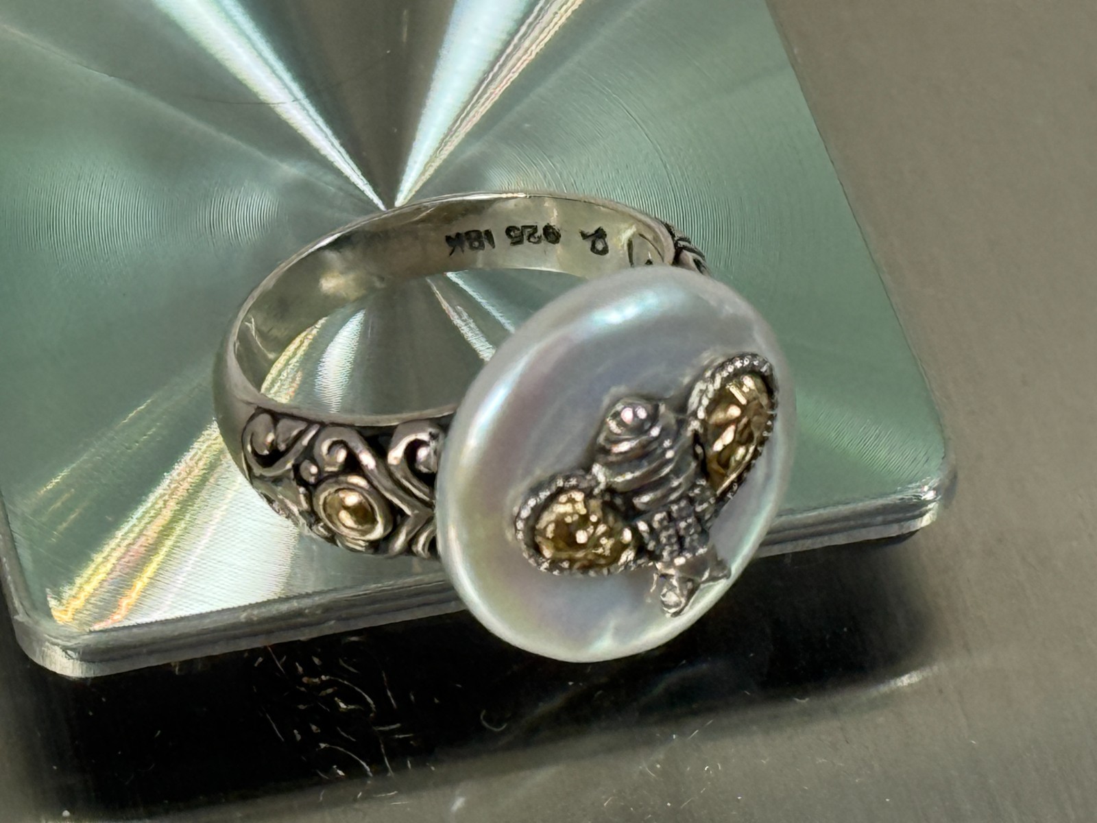 Artisan Silver 18K Gold Accented Cultured Pearl Bee Samuel B. collection, Ring 7