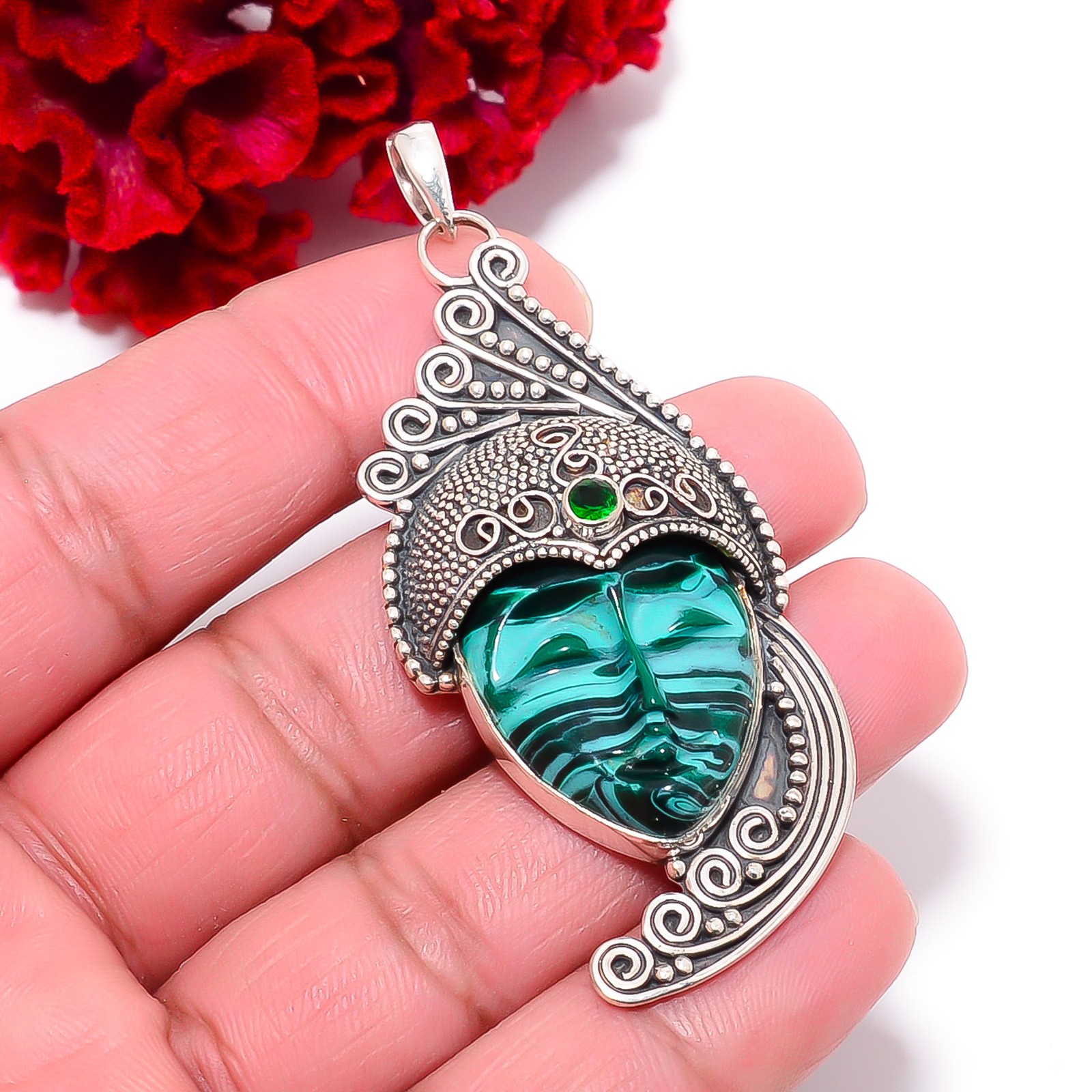 Goddess Malachite & Tsavorite 925 Silver Oxidised Goddess Pendant 2.73″ P1017393
