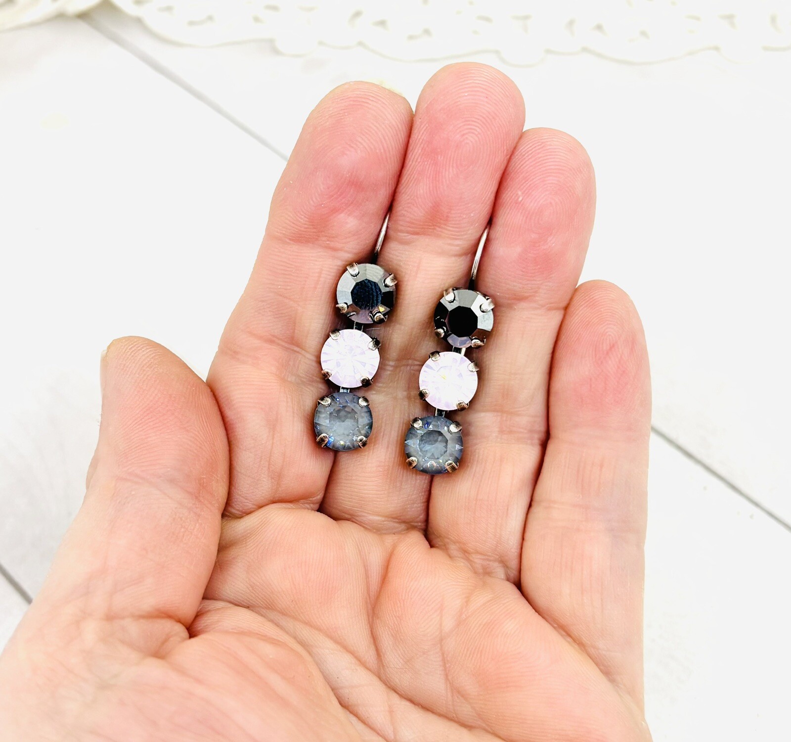 8mm Soft Pink, Black, and Gray Triple Stone Earrings