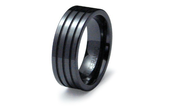 Classic Black Ceramic Triple Groove Line Design Band, Size 9-12