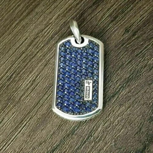 2Ct Simulated Blue Sapphire Dog Tag Pendant 14k White Gold Plated Silver