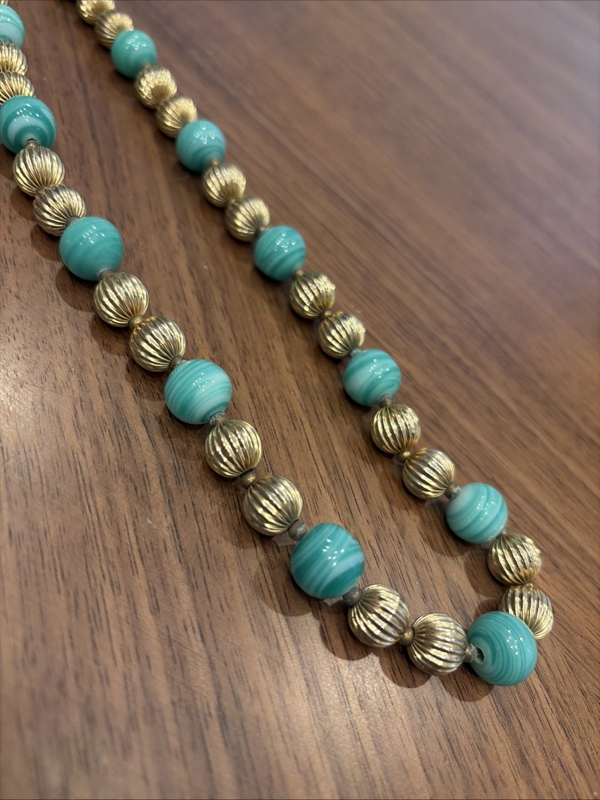 VINTAGE Blue Green & Gold Beaded Necklace GUC 22”