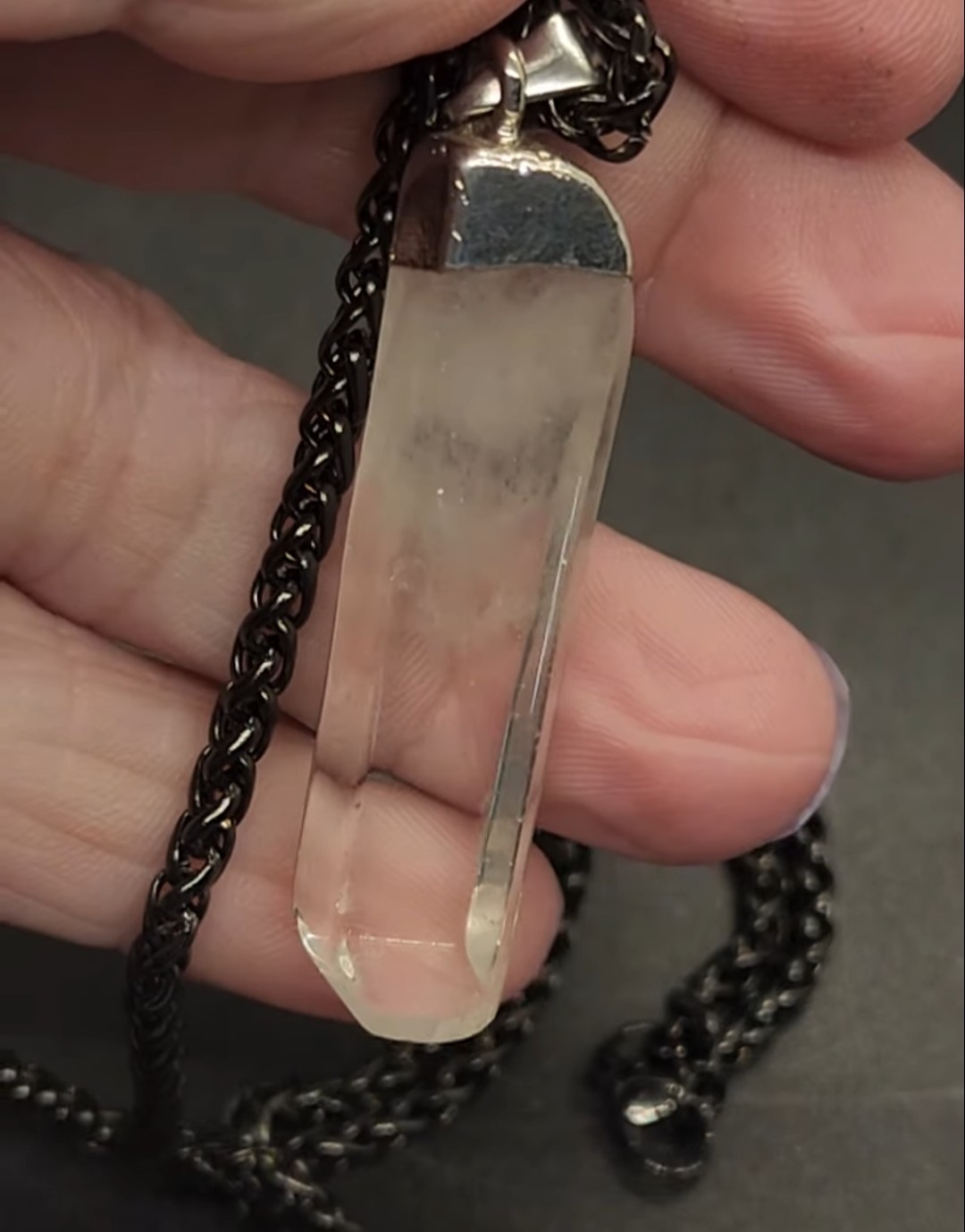 Clear Crystal Hexagon Point Pendant Necklace Black Rope Chain Silver Cap Setting