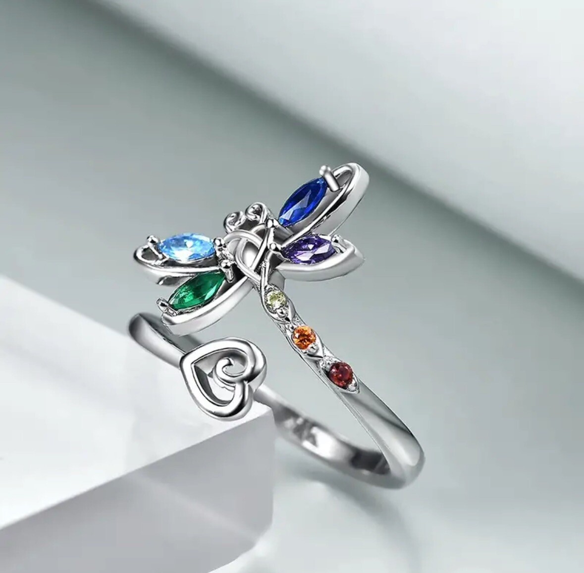 Boutique Dragonfly Heart Ring Blue Purple Green Adjustable Art Deco Style 🛍️