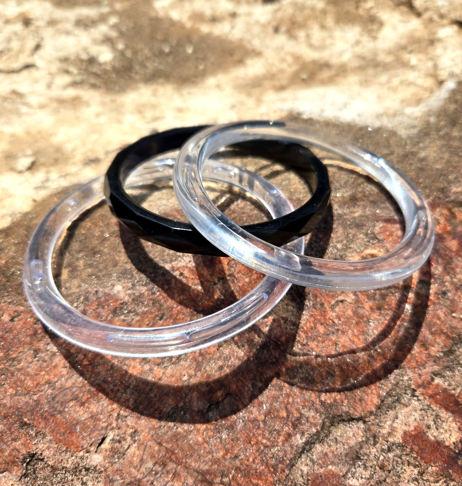 Custom Lot 3 Bangle Bracelets Clear with Bubbles and Diamond Cut Black Plastic