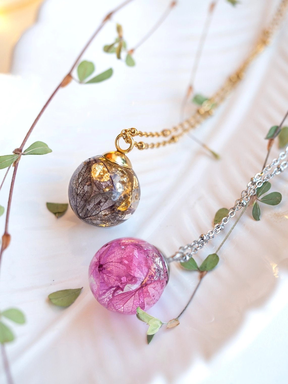 **Dried Hydrangea Resin Orb Necklace Whimsical Fairy Pressed Flower Pendant**