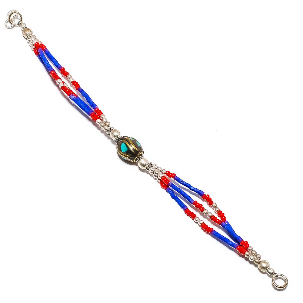 Lapis Lazuli & Red Coral Gemstone 925 Silver Plated Jewelry Bracelet 7-7.99″ L73