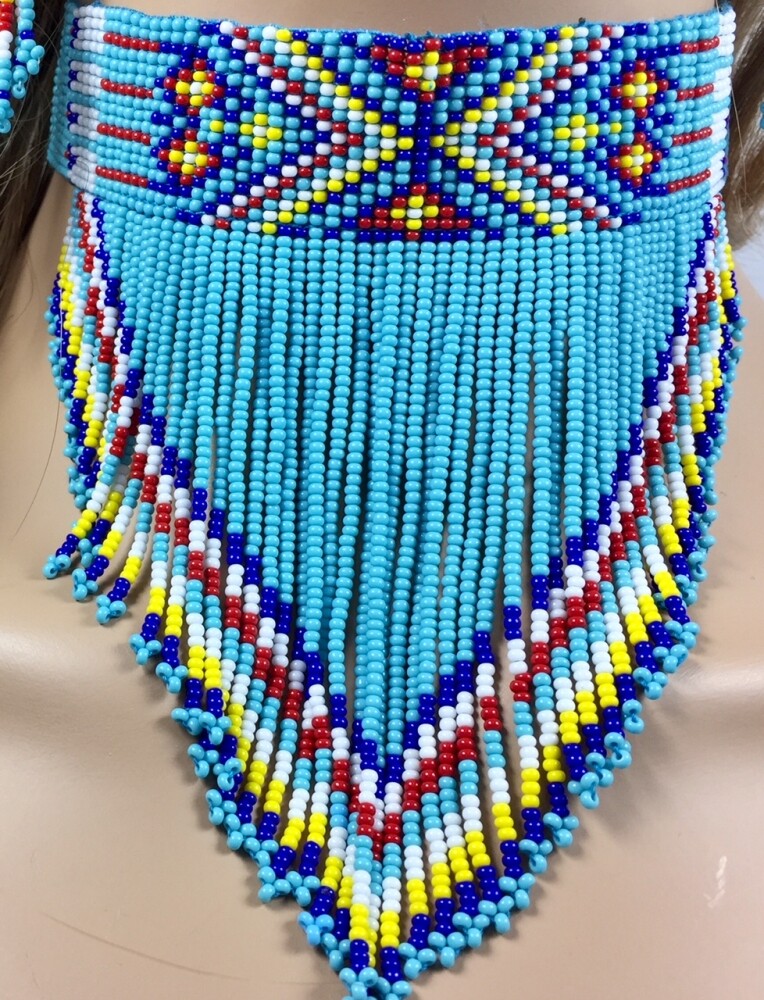 NATIVE BEADED TURQUOISE BLUE HANDCRAFTED CHOKER NECKLACE HOOK EARRINGS SET S18/6