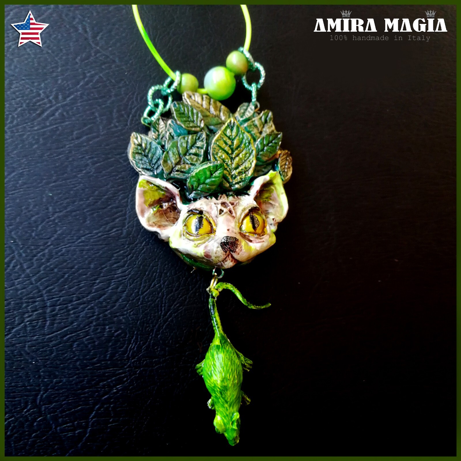 Green Witch Wicca Talisman Celtic Amulet Pendant Charm Forest Leaf Cat Nature