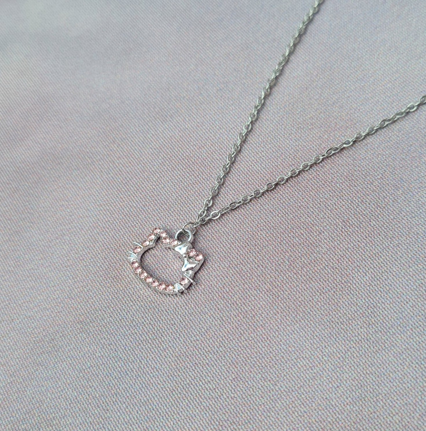 Handmade Hello Kitty Pendant Gold/Silver Cubic Zirconia Necklace 15in/38cm