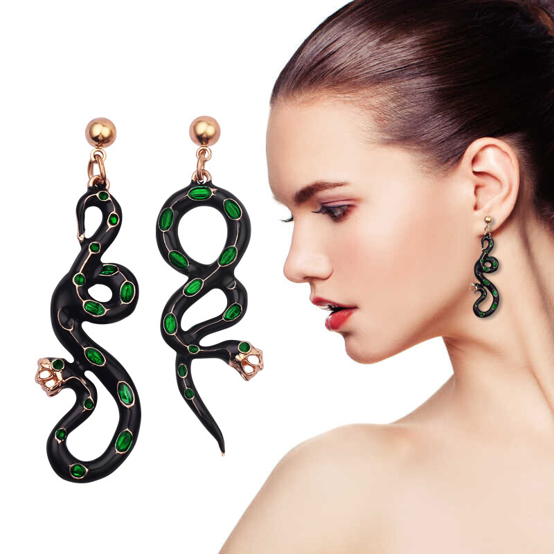 US Seller Betsey Johnson Asymmetric Green Crystal Snake Earrings Fashion Jewelry