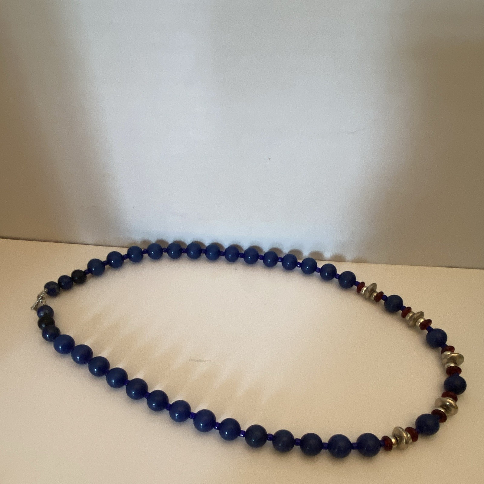 Blue Glass & Metal Beaded Necklace Ball/Bead Chain Toggle Closure 24 in