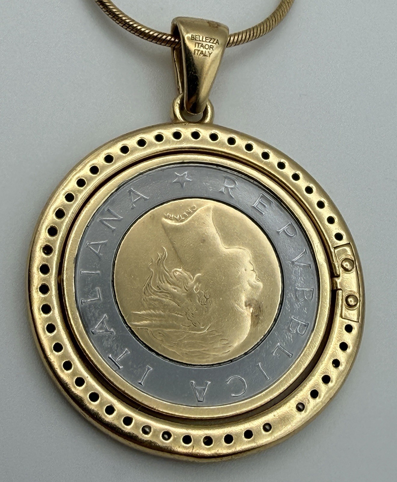 Bezzella ITAOR Necklace 23″ Faux-Saphire Lira Coin Pendant Charm Gold Tone Italy
