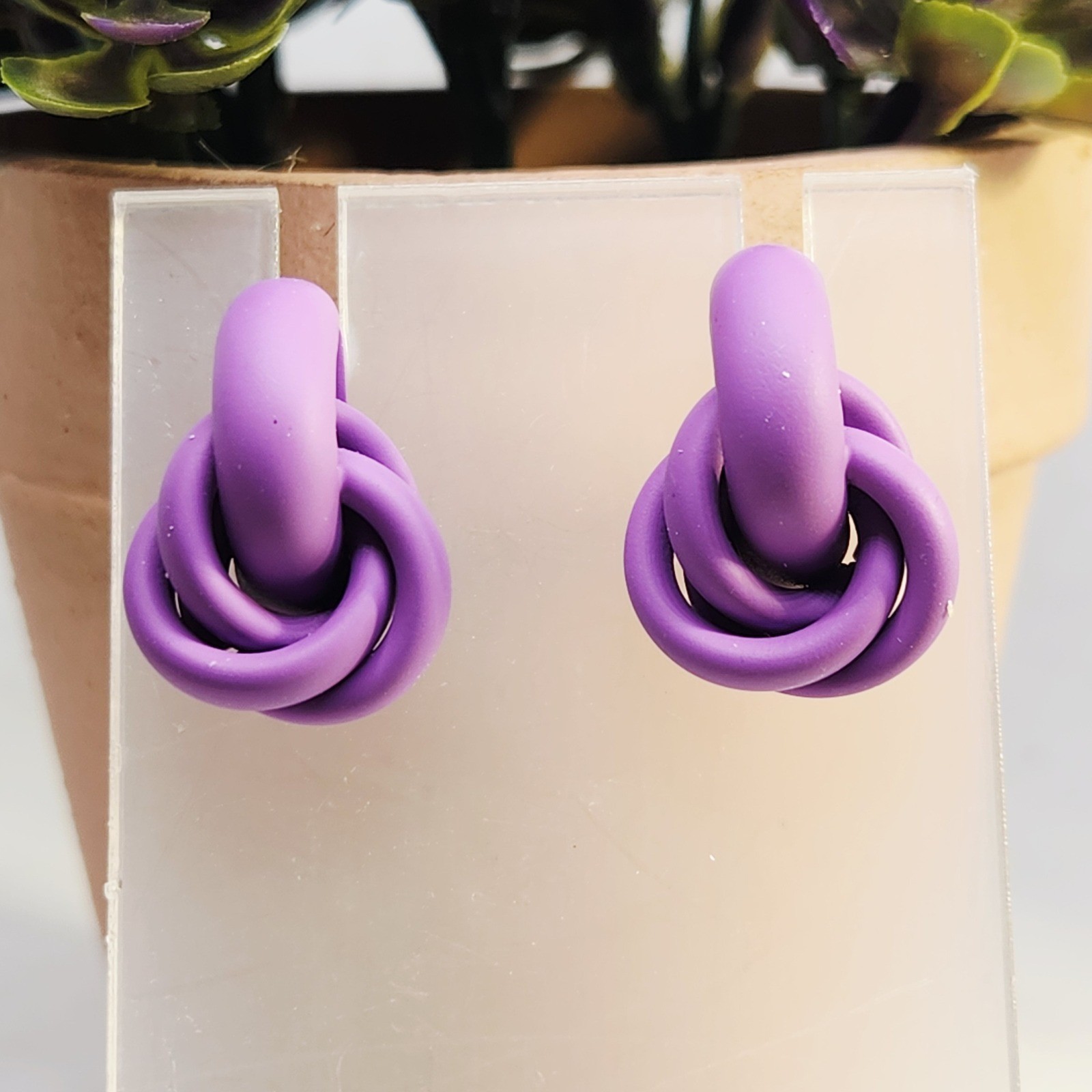 Matte Purple Love Knot Stud Earrings Modern Minimalist Intertwined Post Back