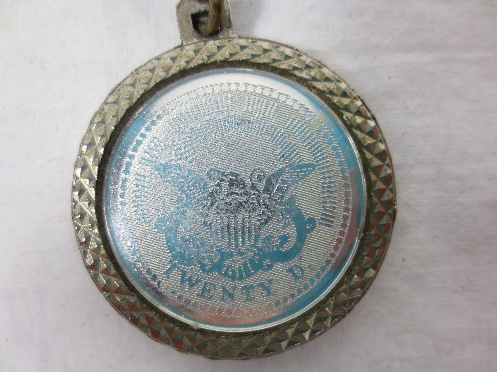 Vintage False 20 Dollar COIN NECKLACE 1776, 24″ Silver-tone Chain & Trim