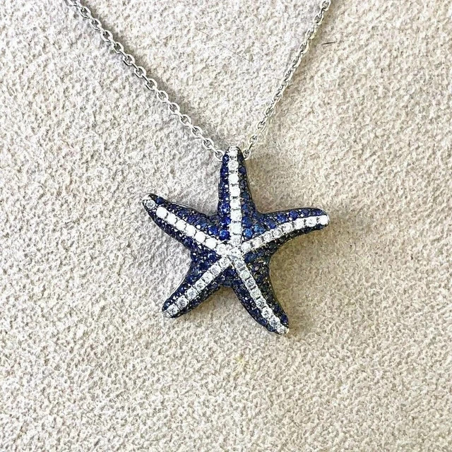 1.6Ct Round Cut Simulated Blue Sapphire Starfish Pendant 14K White Gold Plated