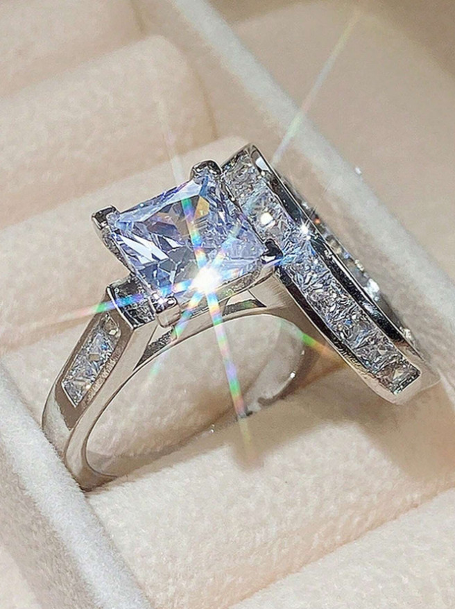 2PCS Square Crystal Wedding Ring Set Polished Elegant Bridal Women’s Jewelry USA